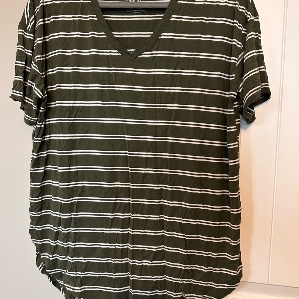 Green and White Striped V-Neck T-Shirt